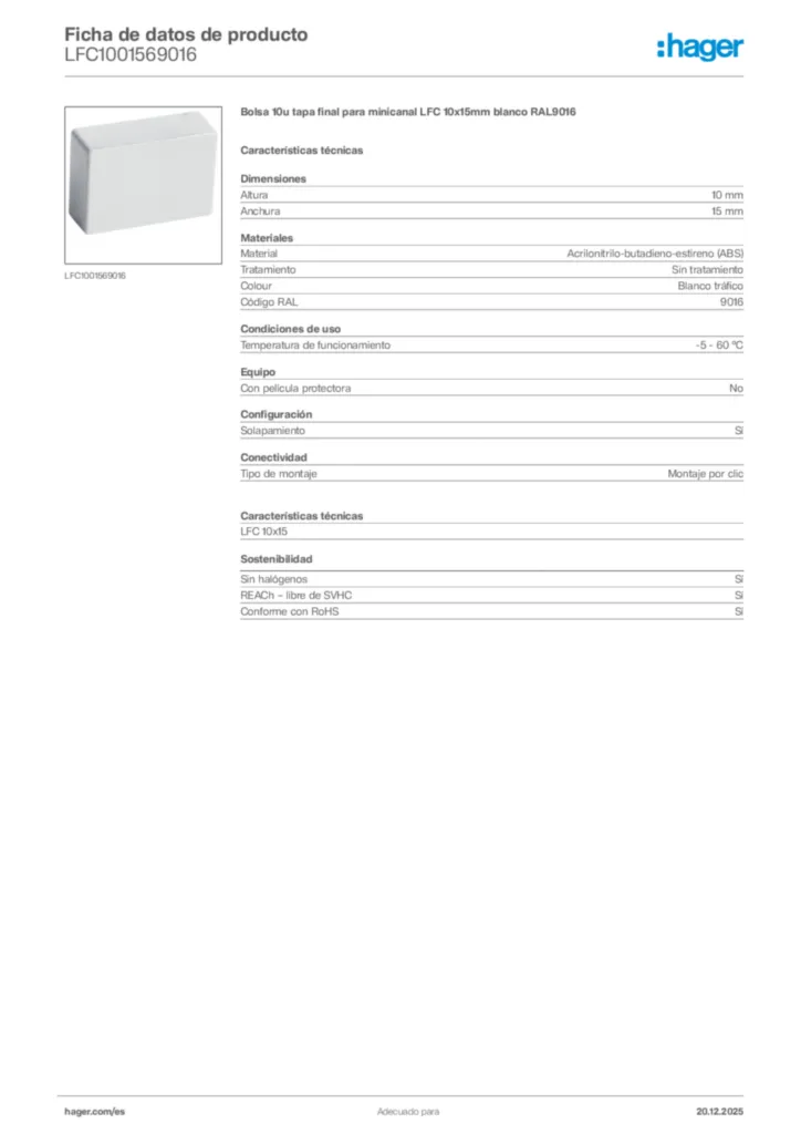 Imagen Hager Ficha de datos de producto LFC1001569016 | Hager España