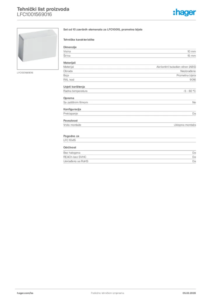 Slika Hager Tehnički list proizvoda LFC1001569016  | Hager