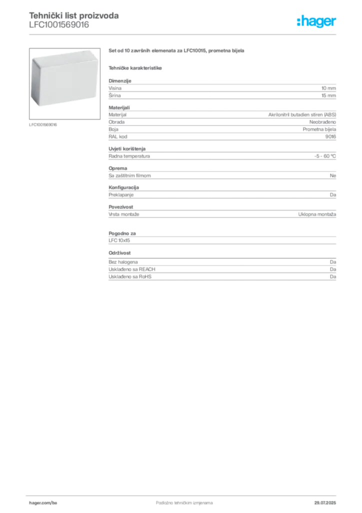 Slika Hager Product data sheet LFC1001569016  | Hager