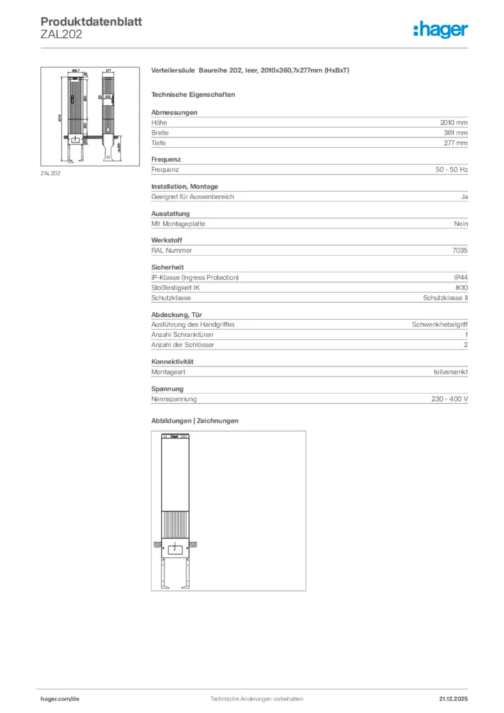 Bild Hager Produktdatenblatt ZAL202 | Hager Deutschland