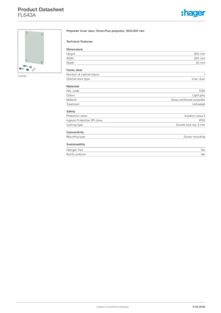 Image Hager Product data sheet FL643A  | Hager Africa