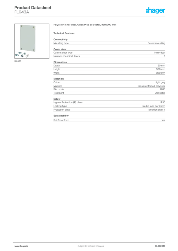 Image Hager Product data sheet FL643A  | Hager