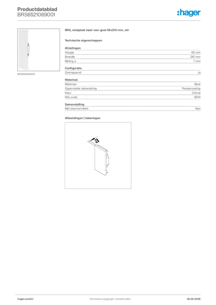 Afbeelding Hager Productdatablad BRS6521069001 | Hager Nederland