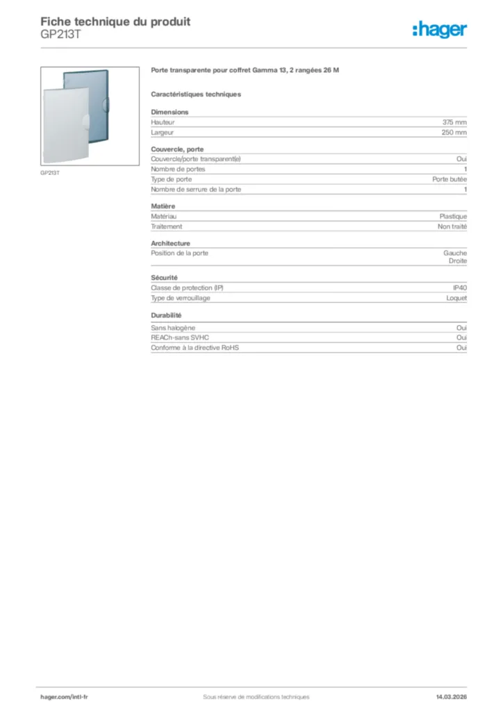 Image Hager Fiche technique du produit GP213T | Hager Afrique