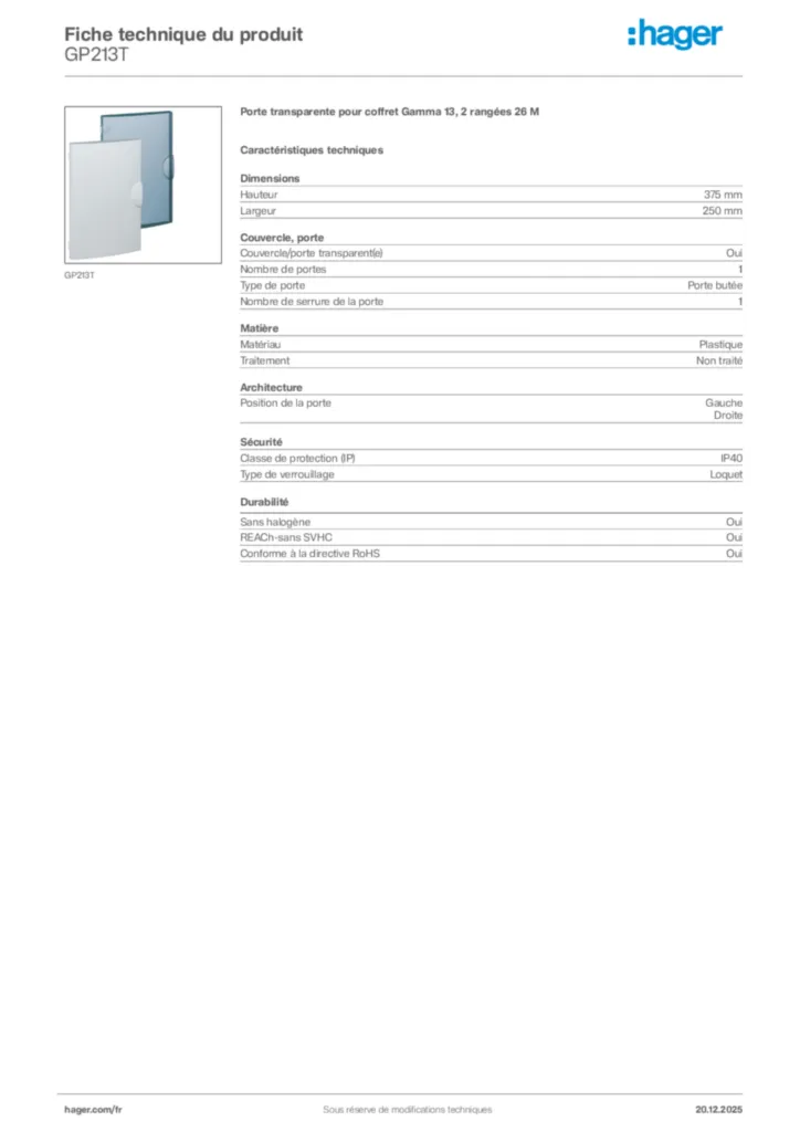 Image Hager Fiche technique du produit GP213T | Hager France