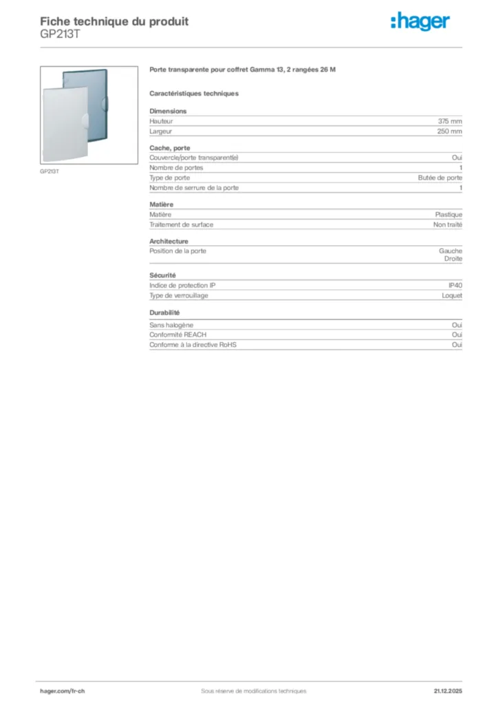 Image Hager Fiche technique du produit GP213T | Hager Suisse