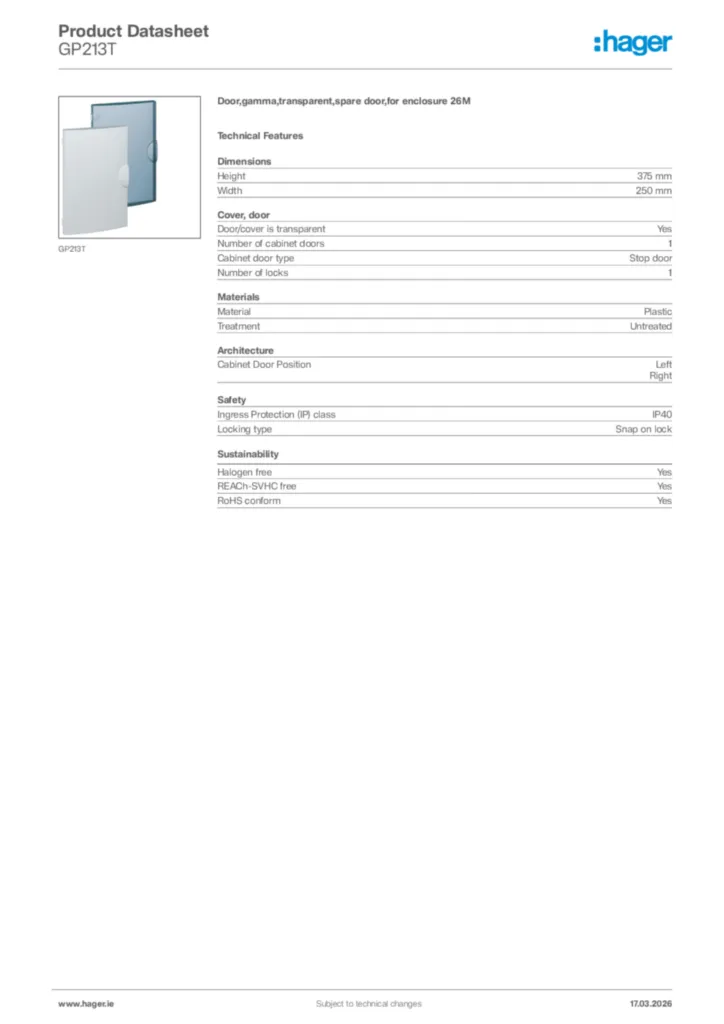 Image Hager Product data sheet GP213T  | Hager