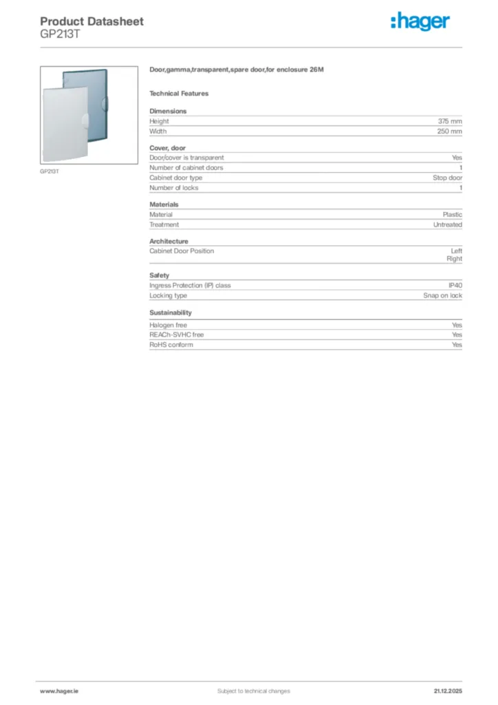 Image Hager Product data sheet GP213T  | Hager