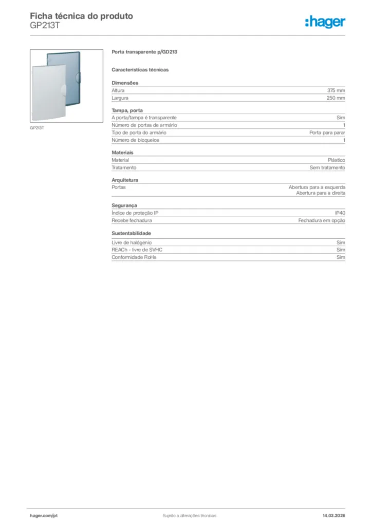 Imagem Hager Ficha técnica do produto GP213T | Hager Portugal