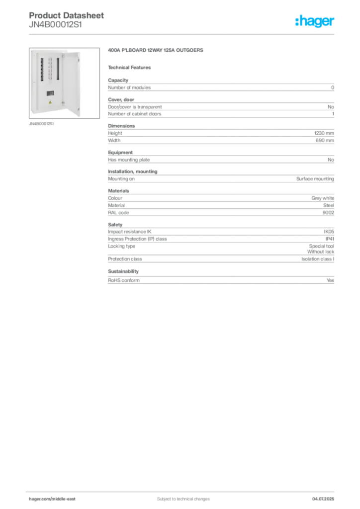 Image Hager Product data sheet JN4B00012S1  | Hager
