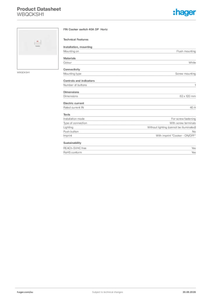 Image Hager Product data sheet WBQCKSH1  | Hager Australia