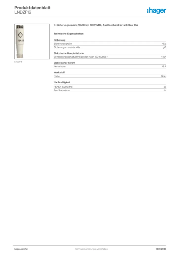 Bild Hager Produktdatenblatt LNDZF16 | Hager Deutschland