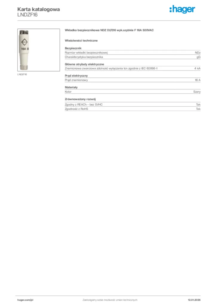 Zdjęcie Hager Karta katalogowa LNDZF16 | Hager Polska