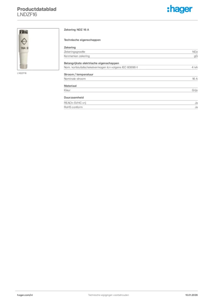 Afbeelding Hager Productdatablad LNDZF16 | Hager Nederland