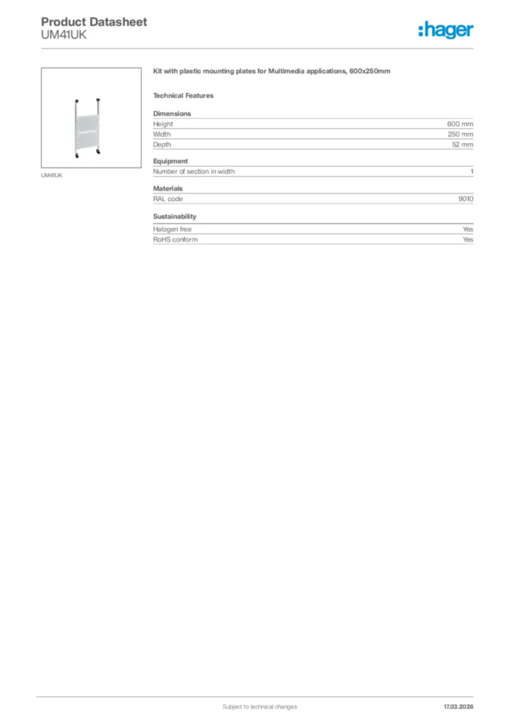 Image Hager Product data sheet UM41UK  | Hager Africa