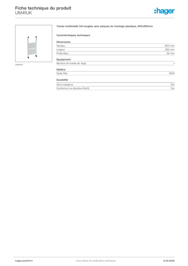 Image Hager Fiche technique du produit UM41UK | Hager Afrique