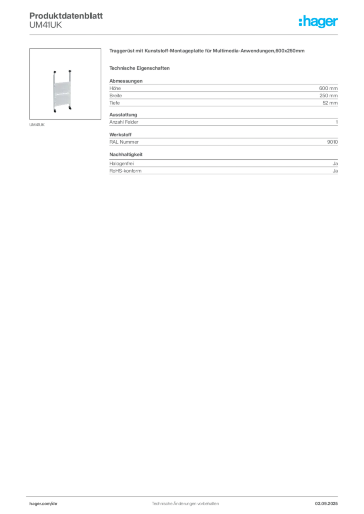 Bild Hager Produktdatenblatt UM41UK | Hager Deutschland