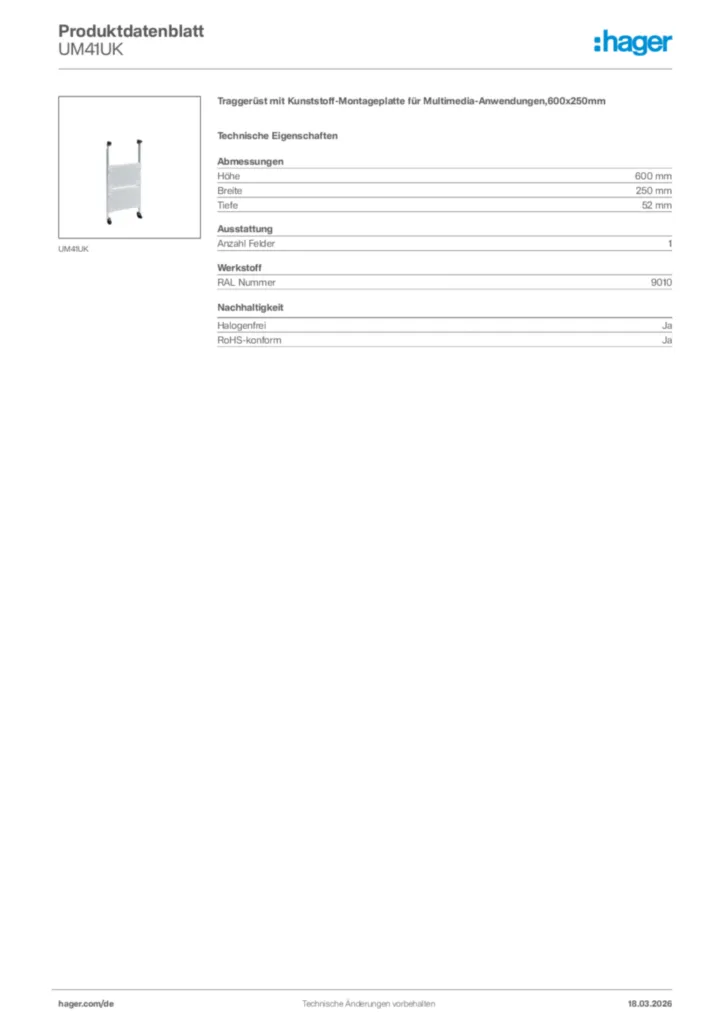 Bild Hager Produktdatenblatt UM41UK | Hager Deutschland