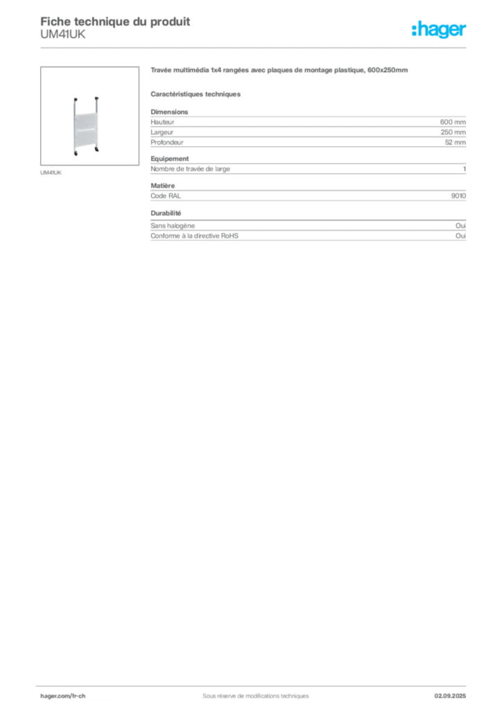 Image Hager Fiche technique du produit UM41UK | Hager Suisse