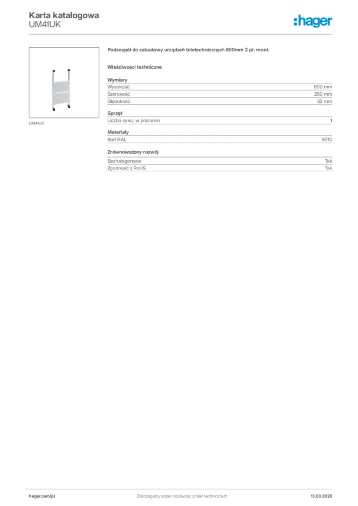 Zdjęcie Hager Karta katalogowa UM41UK | Hager Polska