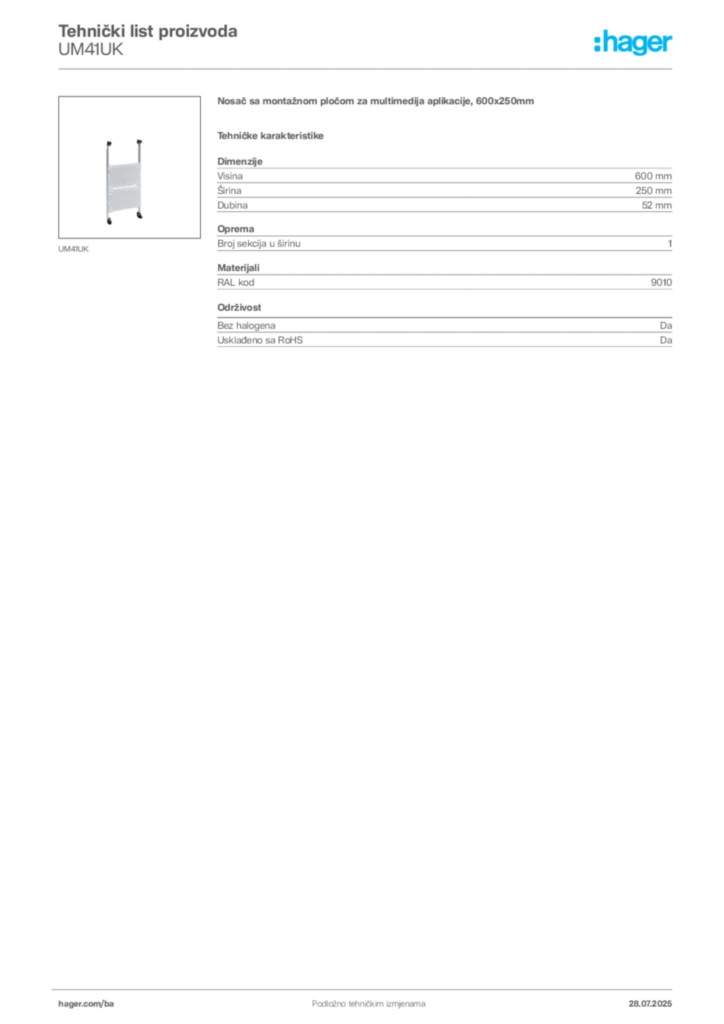Slika Hager Product data sheet UM41UK  | Hager