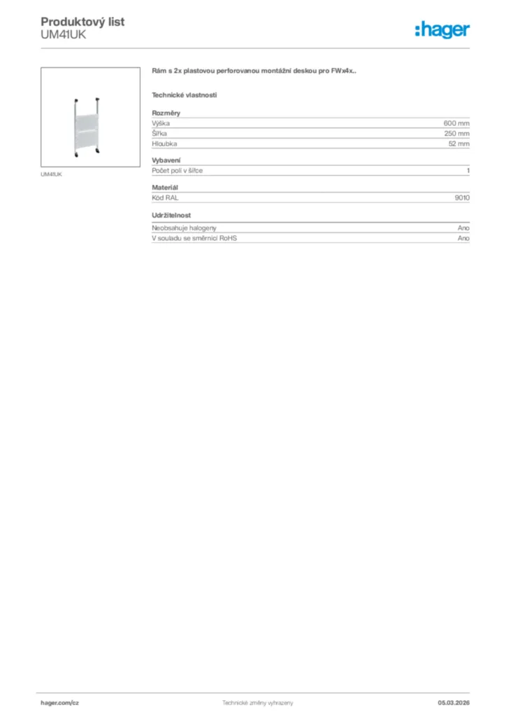 Obrázek Hager Product data sheet UM41UK | Hager