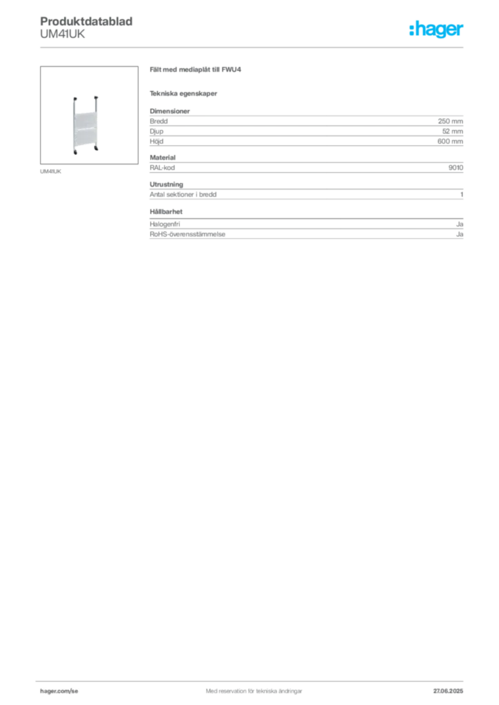 Bild Hager Produktdatablad UM41UK | Hager Sverige