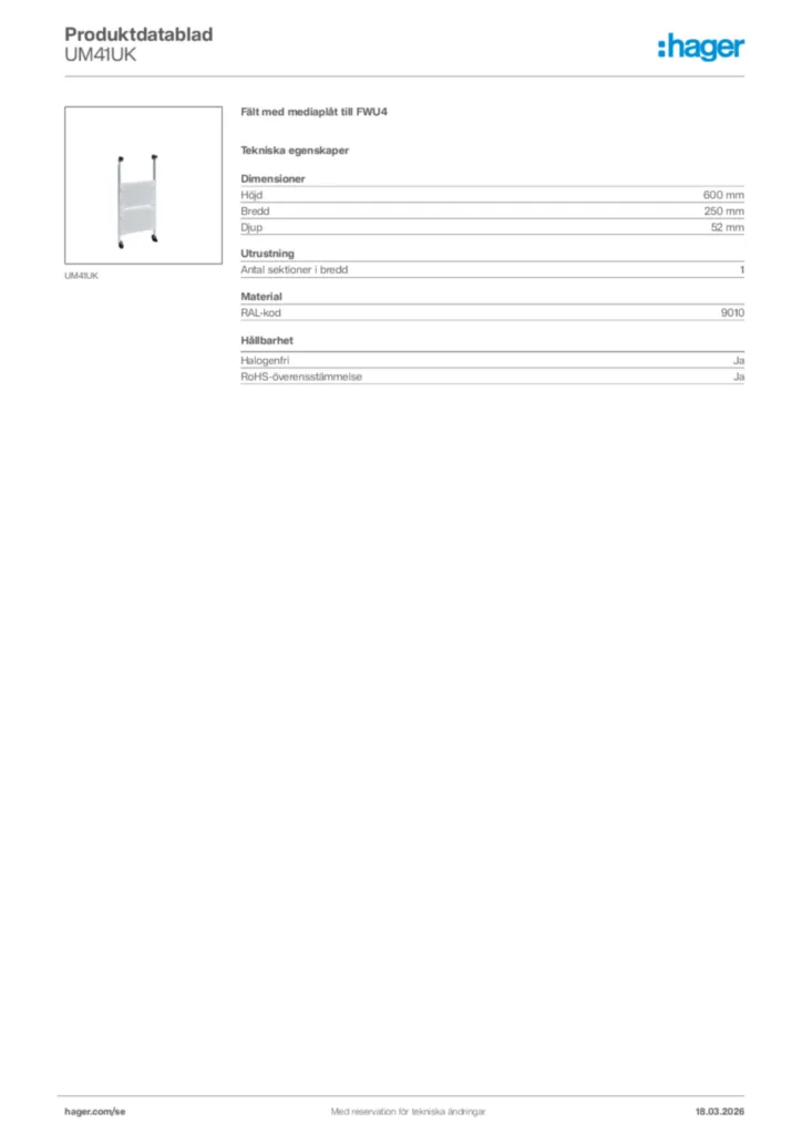 Bild Hager Produktdatablad UM41UK | Hager Sverige