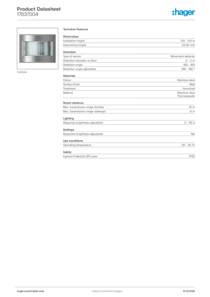 Image Hager Product data sheet 17837004  | Hager