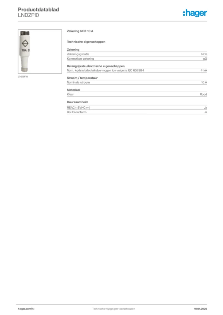 Afbeelding Hager Productdatablad LNDZF10 | Hager Nederland