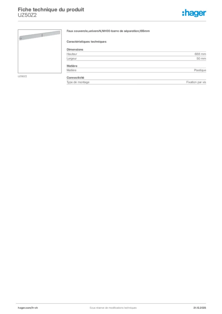 Image Hager Fiche technique du produit UZ50Z2 | Hager Suisse