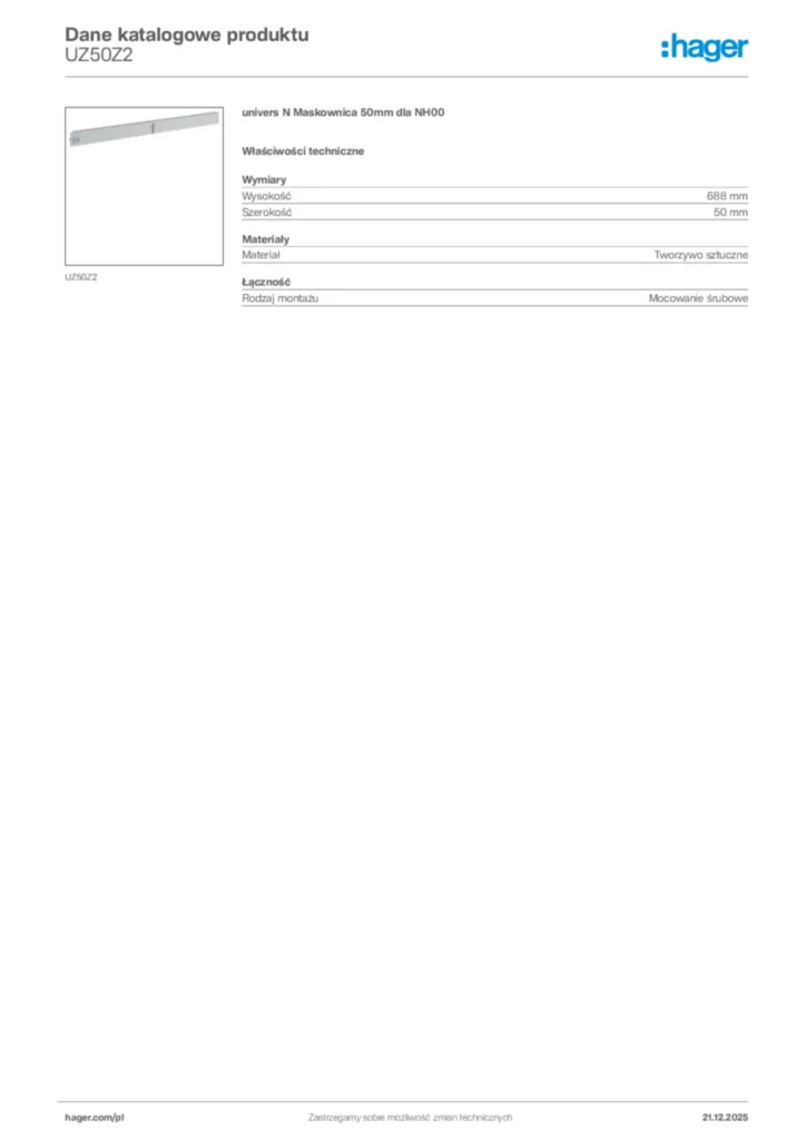 Zdjęcie Hager Dane katalogowe produktu UZ50Z2 | Hager Polska
