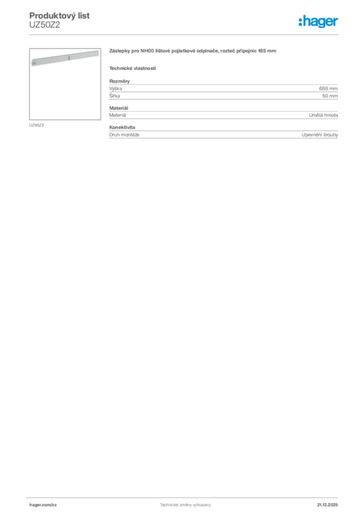 Obrázek Hager Produktový list UZ50Z2 | Hager