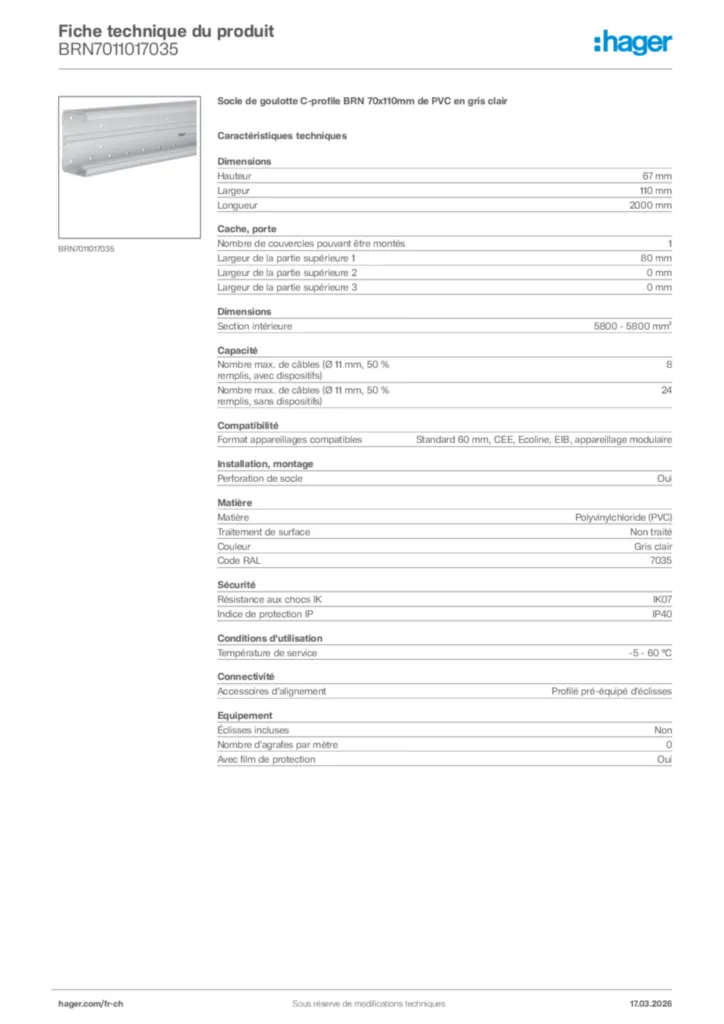 Image Hager Fiche technique du produit BRN7011017035 | Hager Suisse
