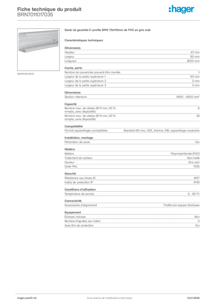 Image Hager Fiche technique du produit BRN7011017035 | Hager Suisse
