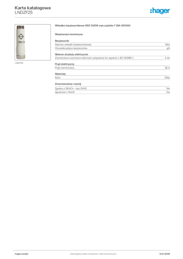 Zdjęcie Hager Karta katalogowa LNDZF25 | Hager Polska