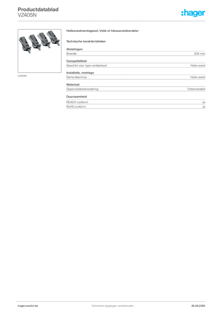 Afbeelding Hager Productdatablad VZ405N | Hager Belgium