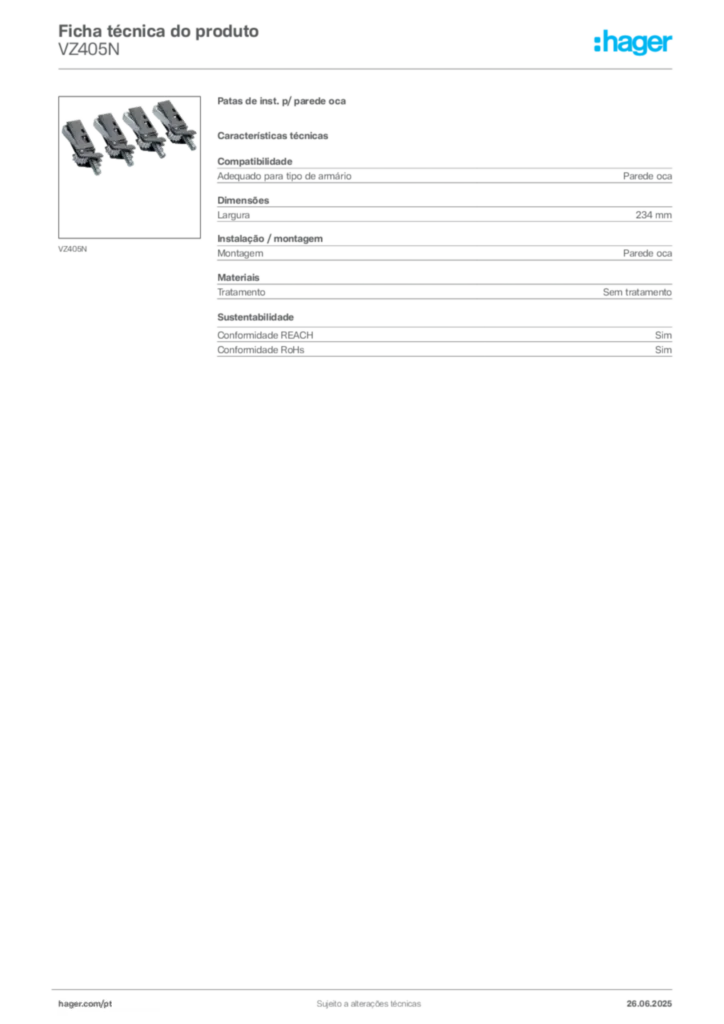 Imagem Hager Ficha técnica do produto VZ405N | Hager Portugal