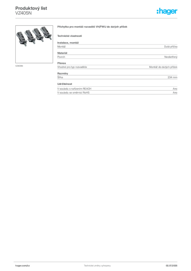 Obrázek Hager Produktový list VZ405N | Hager