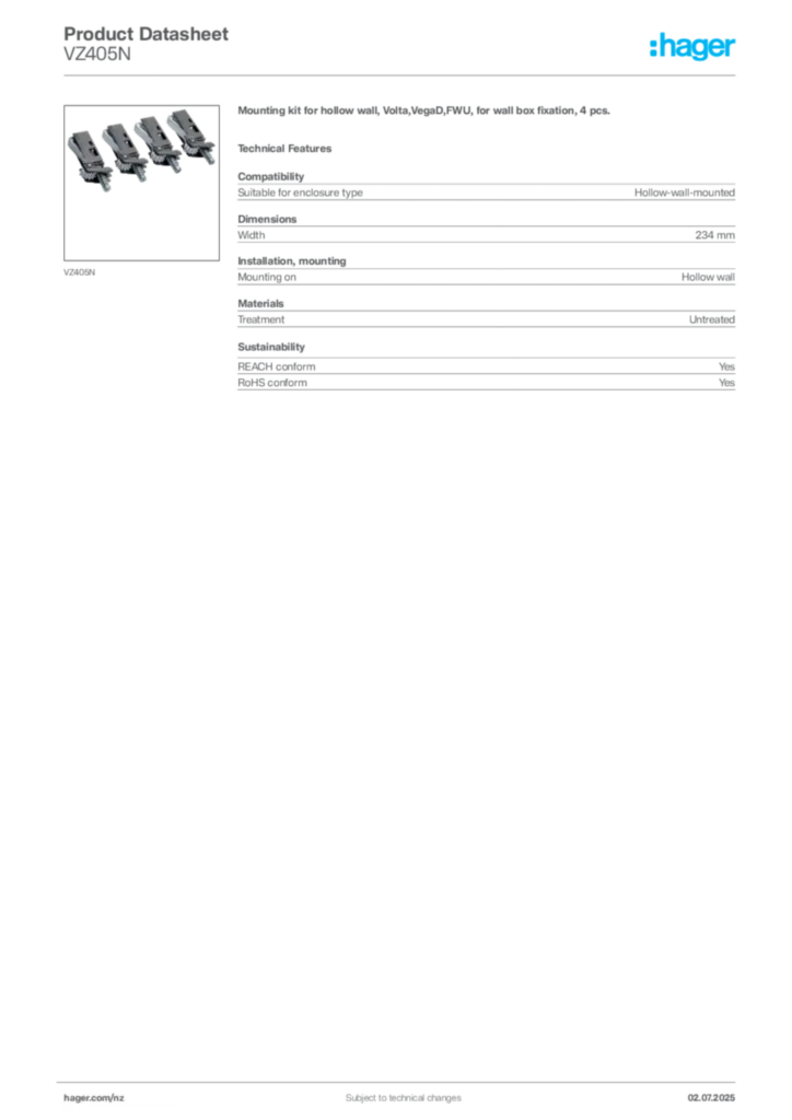 Image Hager Product data sheet VZ405N  | Hager New Zealand