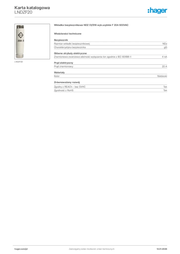 Zdjęcie Hager Karta katalogowa LNDZF20 | Hager Polska