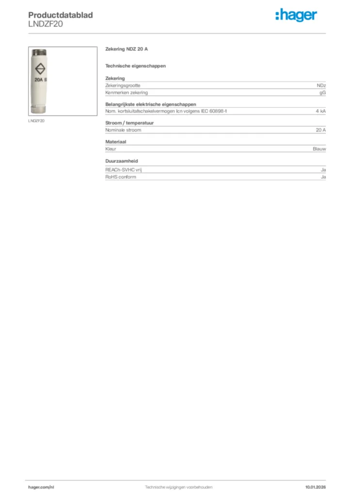 Afbeelding Hager Productdatablad LNDZF20 | Hager Nederland