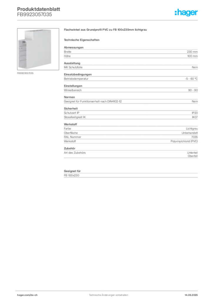 Bild Hager Produktdatenblatt FB9923057035 | Hager Schweiz
