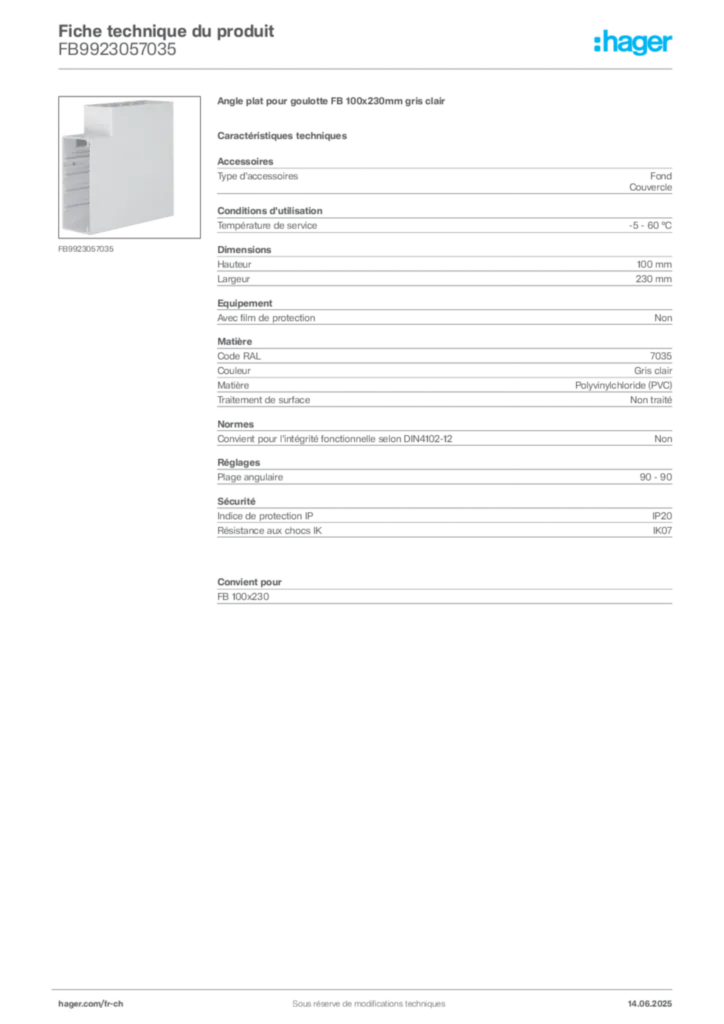 Image Hager Fiche technique du produit FB9923057035 | Hager Suisse