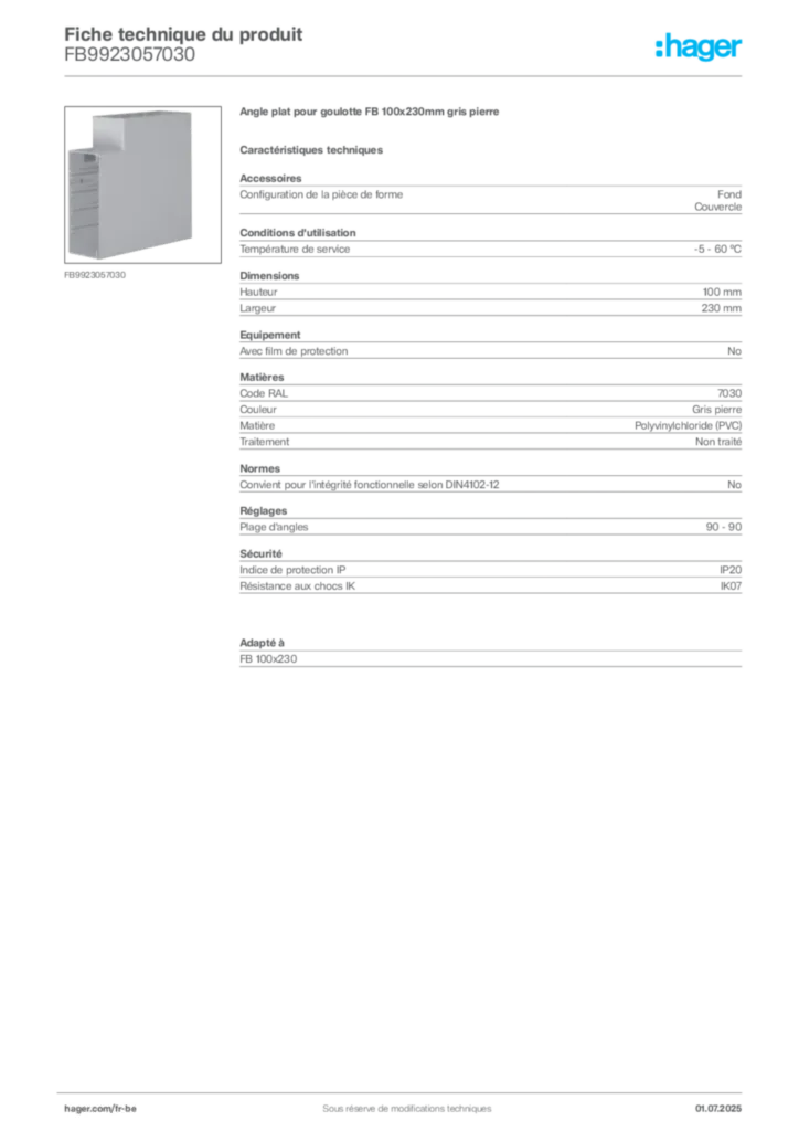 Image Hager Fiche technique du produit FB9923057030 | Hager Belgique