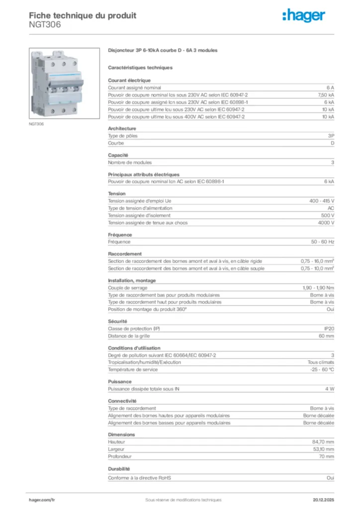 Image Hager Fiche technique du produit NGT306 | Hager France