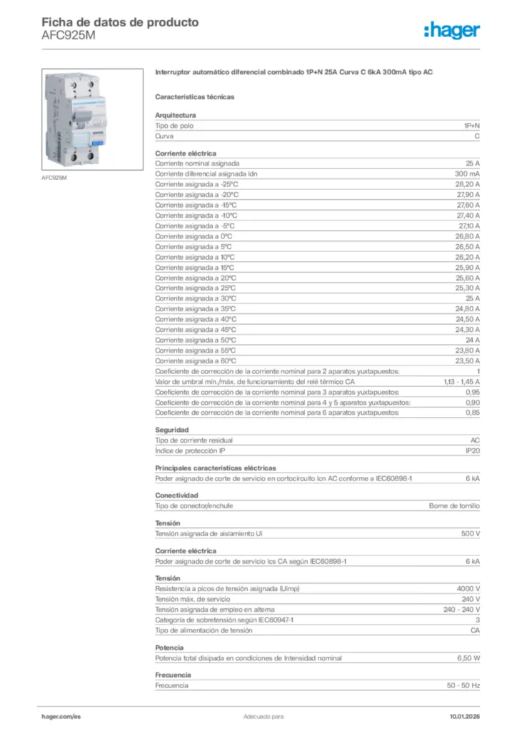 Imagen Hager Ficha de datos de producto AFC925M | Hager España