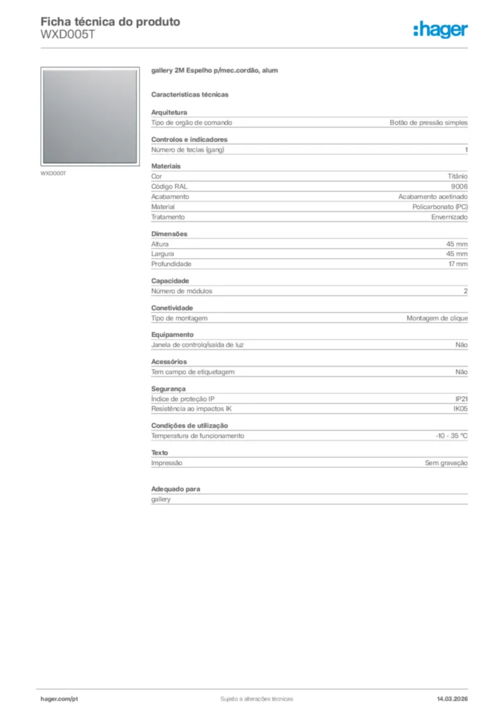 Imagem Hager Ficha técnica do produto WXD005T | Hager Portugal