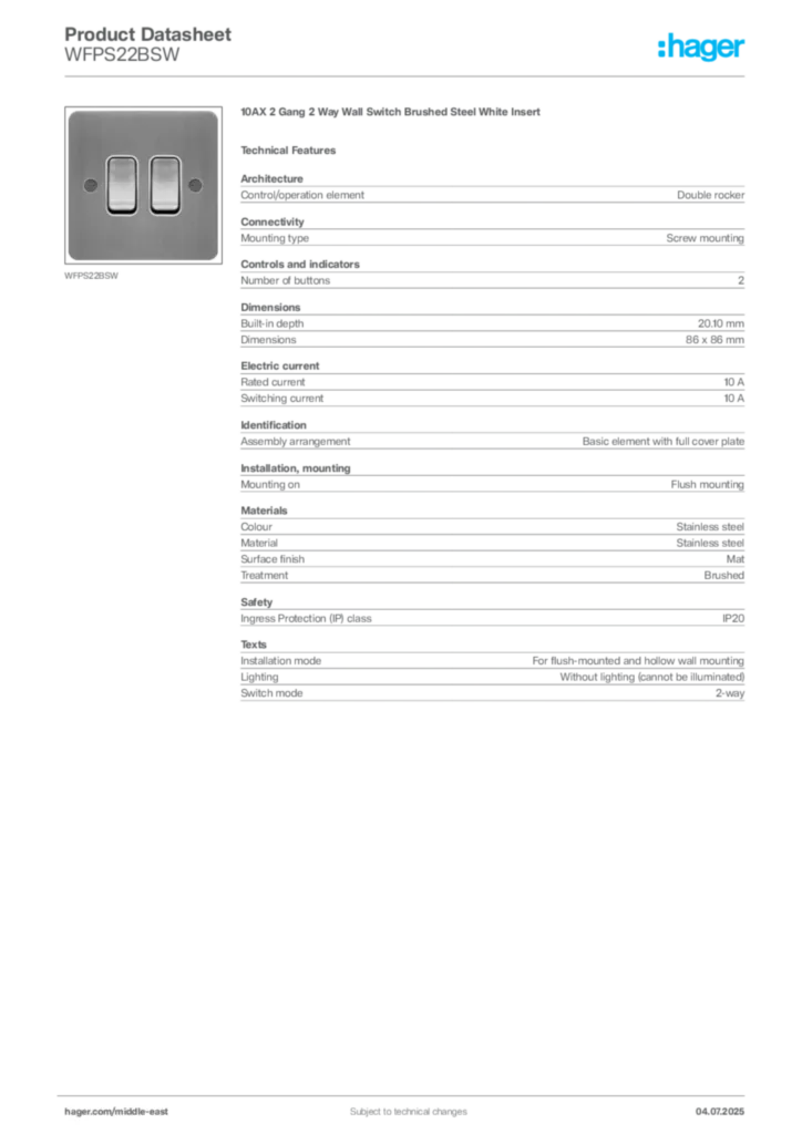 Image Hager Product data sheet WFPS22BSW  | Hager