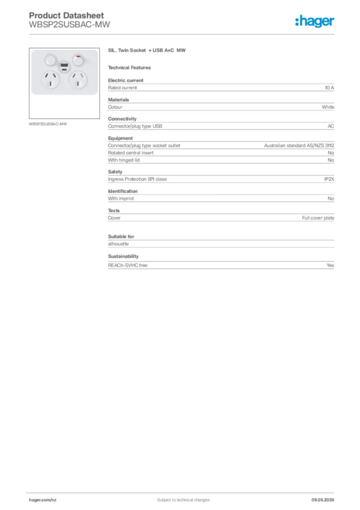 Image Hager Product data sheet WBSP2SUSBAC-MW  | Hager New Zealand